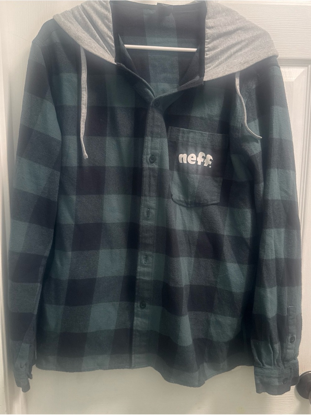 Neff Black & Teal Plaid Hooded Flannel Shirt